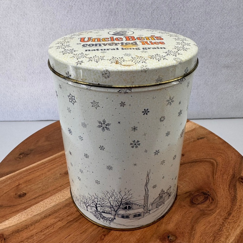 Vintage Uncle Ben's Converted‎ Rice Tin Can Snowflake Decor Kitchen Storage